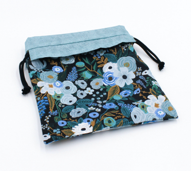 Projektbeutel / Handarbeitsbeutel mit Kordel Garden Party schwarz/blau